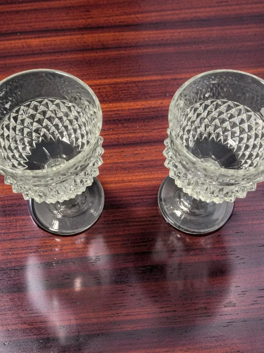Vintage Set of 2 1960's Indiana Glass Diamond Point Clear Pedestal Wine Goblet.